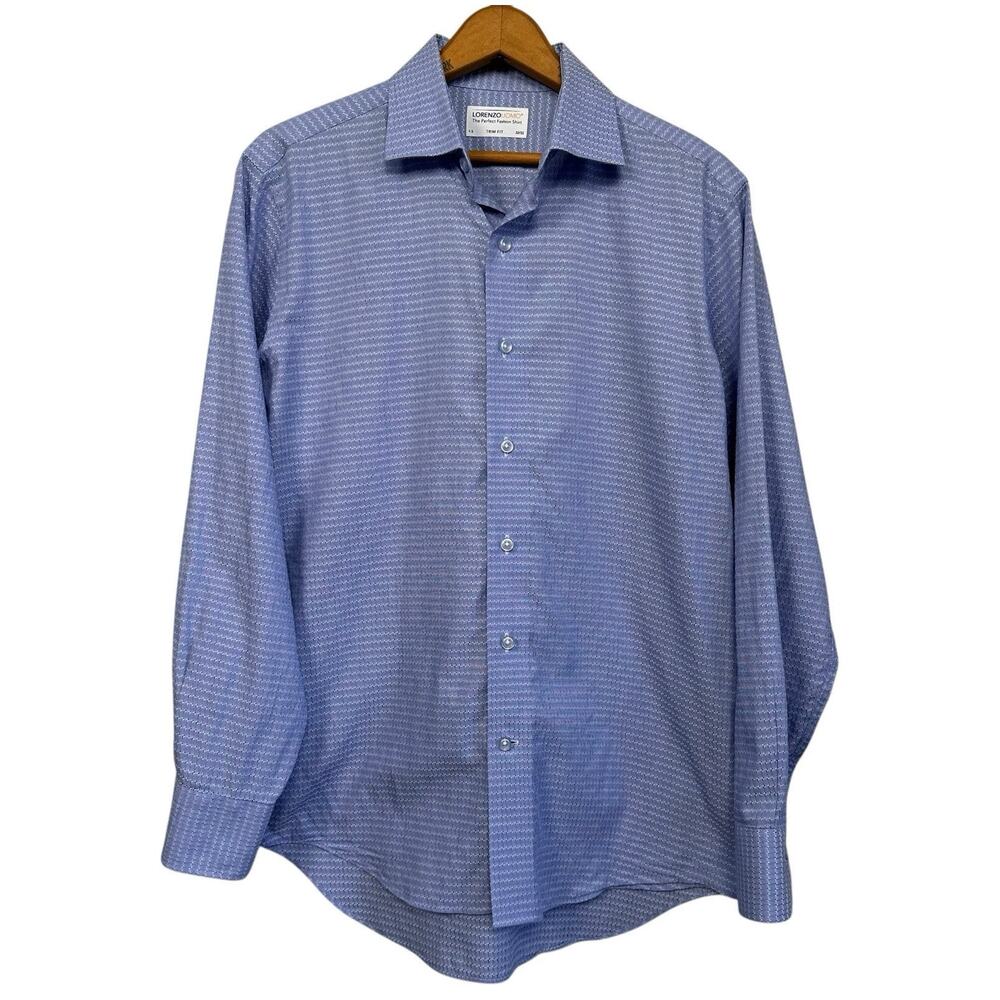 Lorenzo Uomo Men’s Light Blue Textured Trim Fit Long Sleeve Dress Shirt 15 32/33